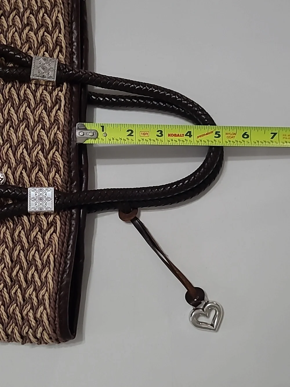 Brighton Tan Woven Tote, Dark Brown Trim, Silver Charm & Leather Braided Handles